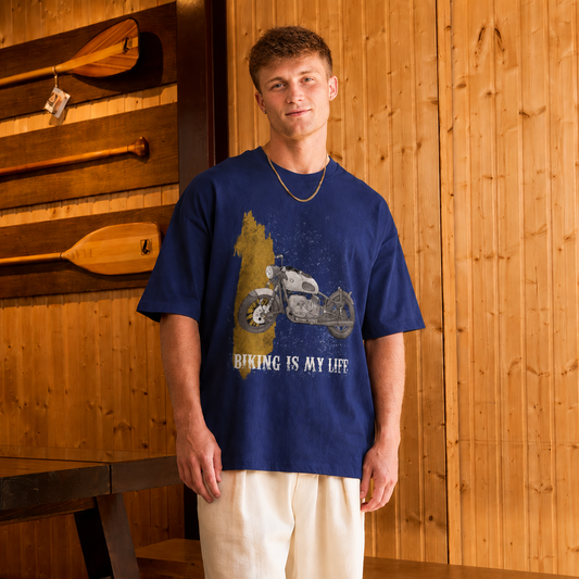 Rider wearing the Biking Is My Life motorcycle t-shirt in blue, front view of the typography print