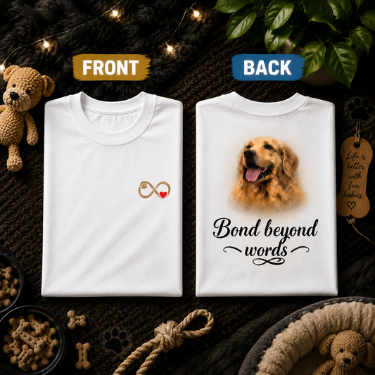 Bond Beyond Words oversized pet parent t-shirt in white, folded to show the BOND BEYOND WORDS print