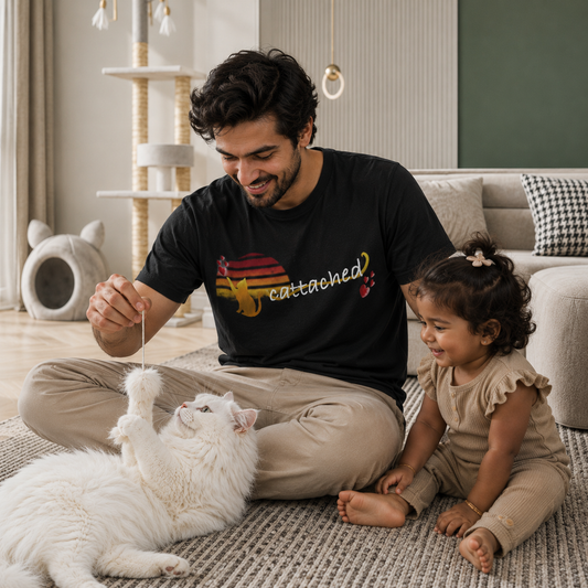 Man wearing the Catattached cat lover t-shirt in black, front view of the print