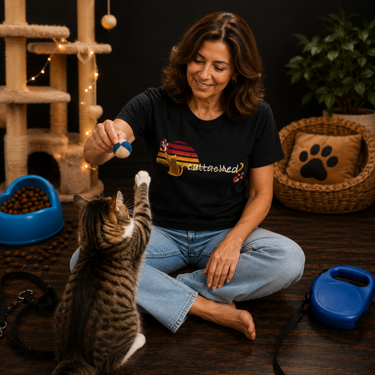 Woman wearing the Catattached women's cat lover t-shirt in black, front view of the print