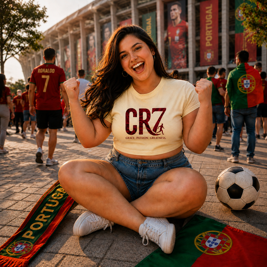 Woman wearing the CR7 Grace Passion Greatness football fan crop top in beige