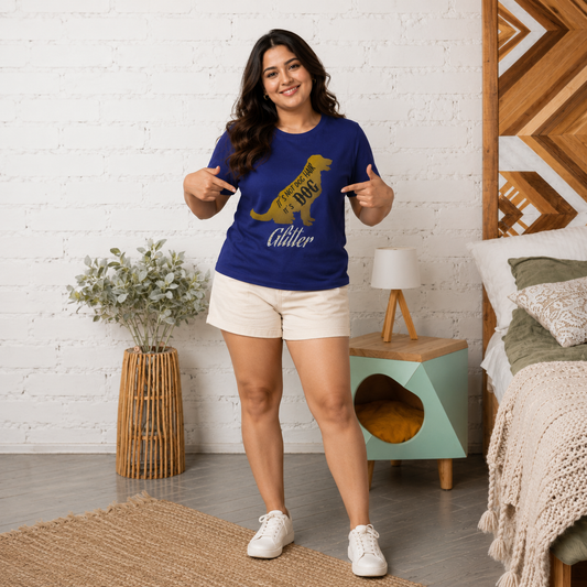 Woman wearing the It's My Pet's Glitter women's dog lover t-shirt in blue, front view of the print