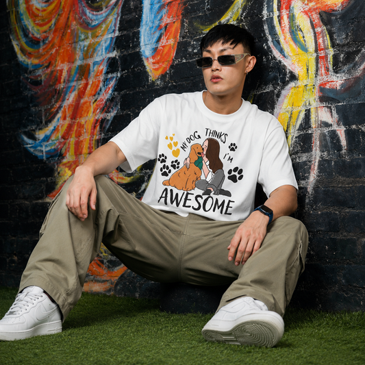 Man wearing the My Dog Thinks I Am Awesome dog lover t-shirt in white, front view of the print