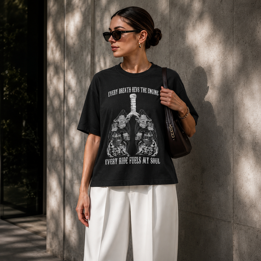 Woman wearing the Every Ride Fuels My Soul women's rider t-shirt in black, print reading EVERY RIDE FUELS MY SOUL