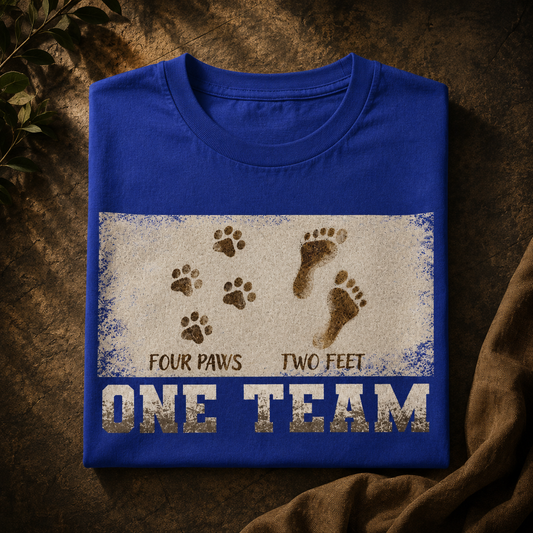 Four Paws Two Feet One Team dog lover t-shirt in blue, folded to show the front print