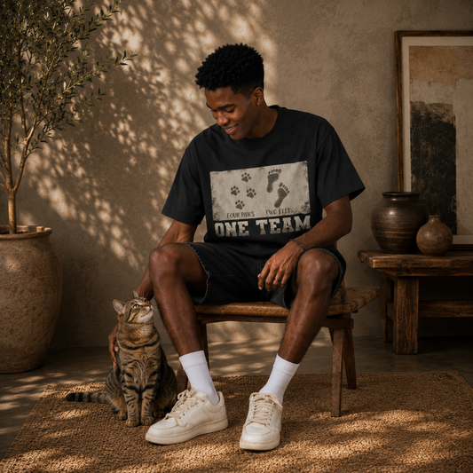 Man wearing the Four Paws Two Feet One Team dog lover t-shirt in black, print reading FOUR PAWS TWO FEET ONE TEAM