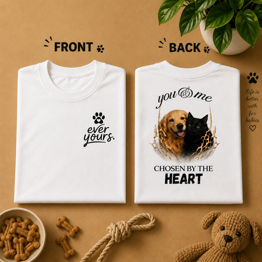You and Me Chosen by the Heart oversized pet parent t-shirt in white, folded to show the print
