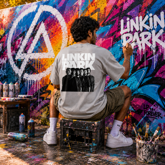 Man wearing the I Love Linkin Park oversized music fan t-shirt in grey, front and back print