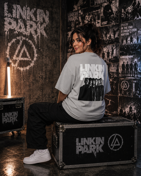 Woman wearing the I Love Linkin Park women's oversized music fan t-shirt in grey, front and back artwork