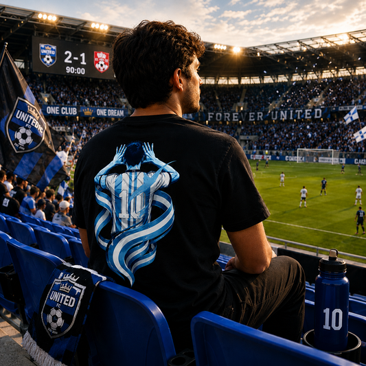 Back view of a man wearing the Messi Forever 10 football fan t-shirt in black