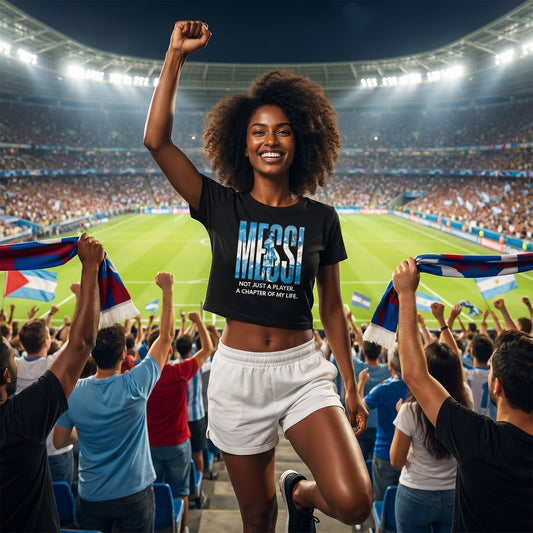 Woman wearing the Messi women's football fan crop top, cropped half-sleeve fit