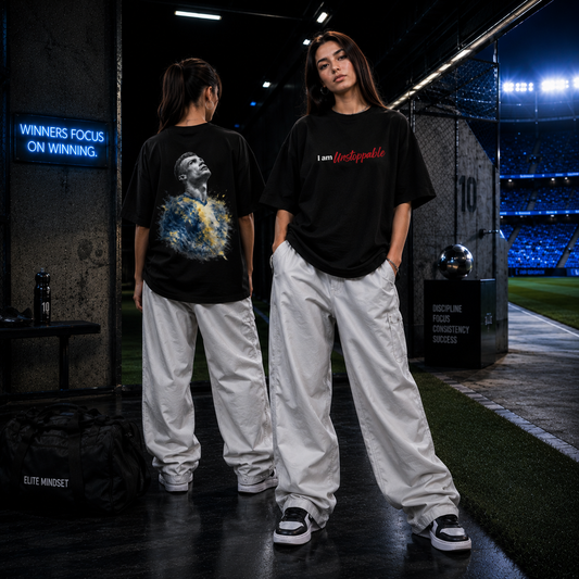 Woman wearing the Ronaldo Unstoppable women's oversized CR7 fan t-shirt in black, front and back