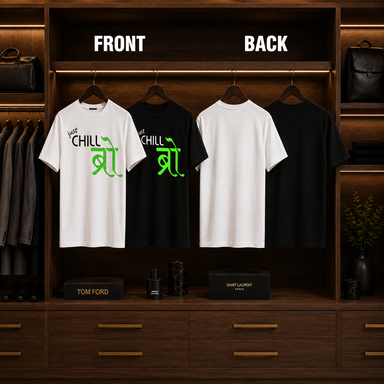 Front and back view of the Just Chill Bro premium graphic T-shirt available in black and white with bold typography design.