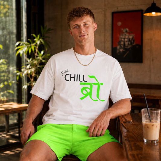 Model wearing the white Just Chill Bro premium graphic T-shirt in a café setting, perfect for casual and relaxed everyday fashion.