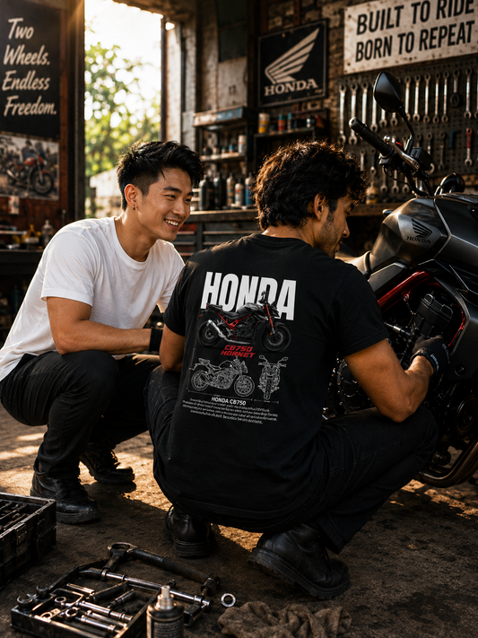 Rider wearing the black Legendary Hornet Premium Oversized Biker T-Shirt while working on a motorcycle in a workshop.