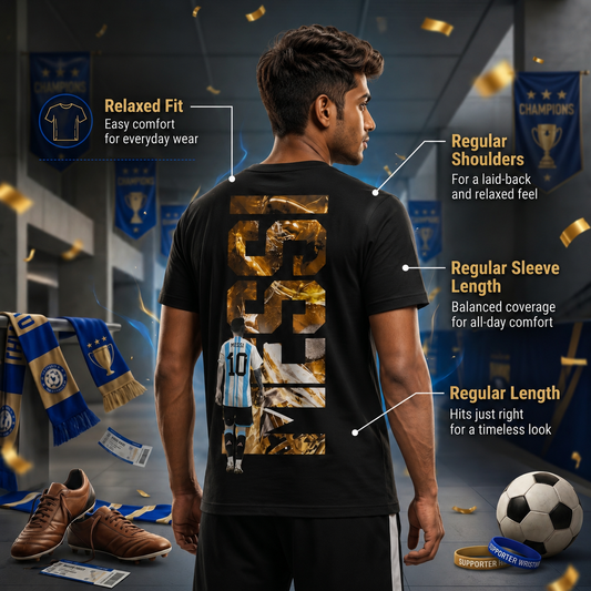 The Golden GOAT Messi football fan t-shirt, product view | Unikorn Tribes