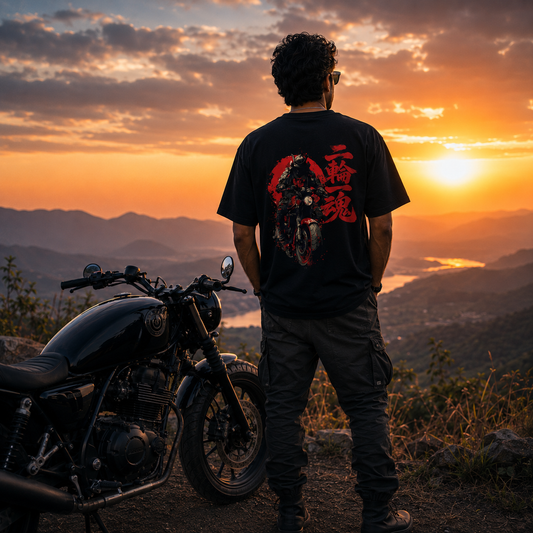 Rider wearing black Two Wheels One Soul Premium Oversized Biker T-Shirt during a motorcycle ride at sunset.