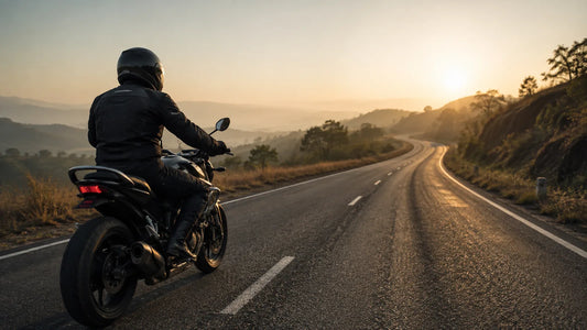 Motorcyclist riding alone on an empty Indian highway at sunrise on a long-distance ride | Unikorn Tribes