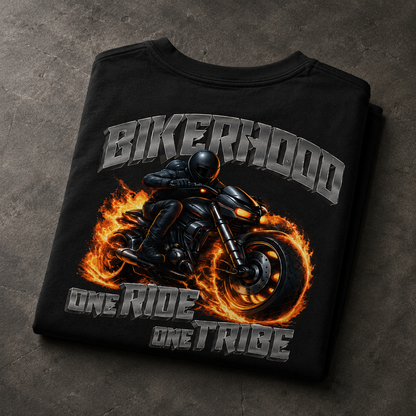 BikerHood One Tribe oversized biker t-shirt in black, folded to show the front print
