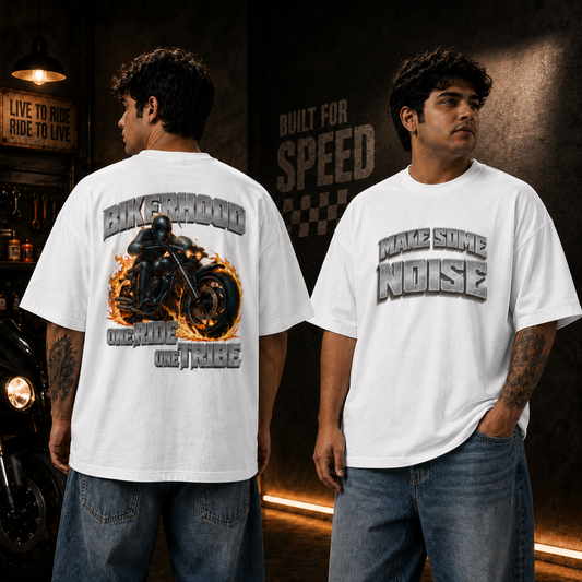 Model wearing the BikerHood One Tribe oversized biker t-shirt in white, front and back artwork