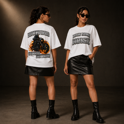 BikerHood One Tribe women's oversized biker t-shirt in white, front and back artwork