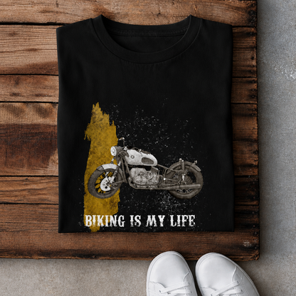 Biking Is My Life motorcycle t-shirt in black, folded to show the BIKING IS MY LIFE front print