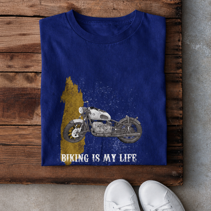 Biking Is My Life motorcycle t-shirt in blue, folded to show the front print