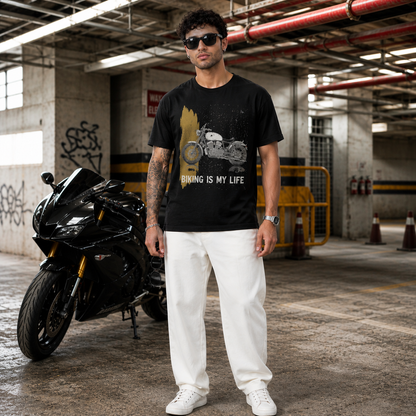 Rider wearing the Biking Is My Life motorcycle t-shirt in black, front print reading BIKING IS MY LIFE | Unikorn Tribes