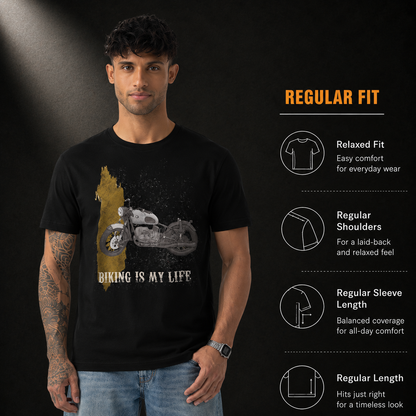 Fabric and fit details for the Biking Is My Life motorcycle t-shirt, 180 GSM cotton unisex fit
