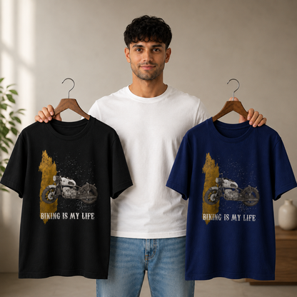 Model holding the Biking Is My Life motorcycle t-shirt, showing the printed front design