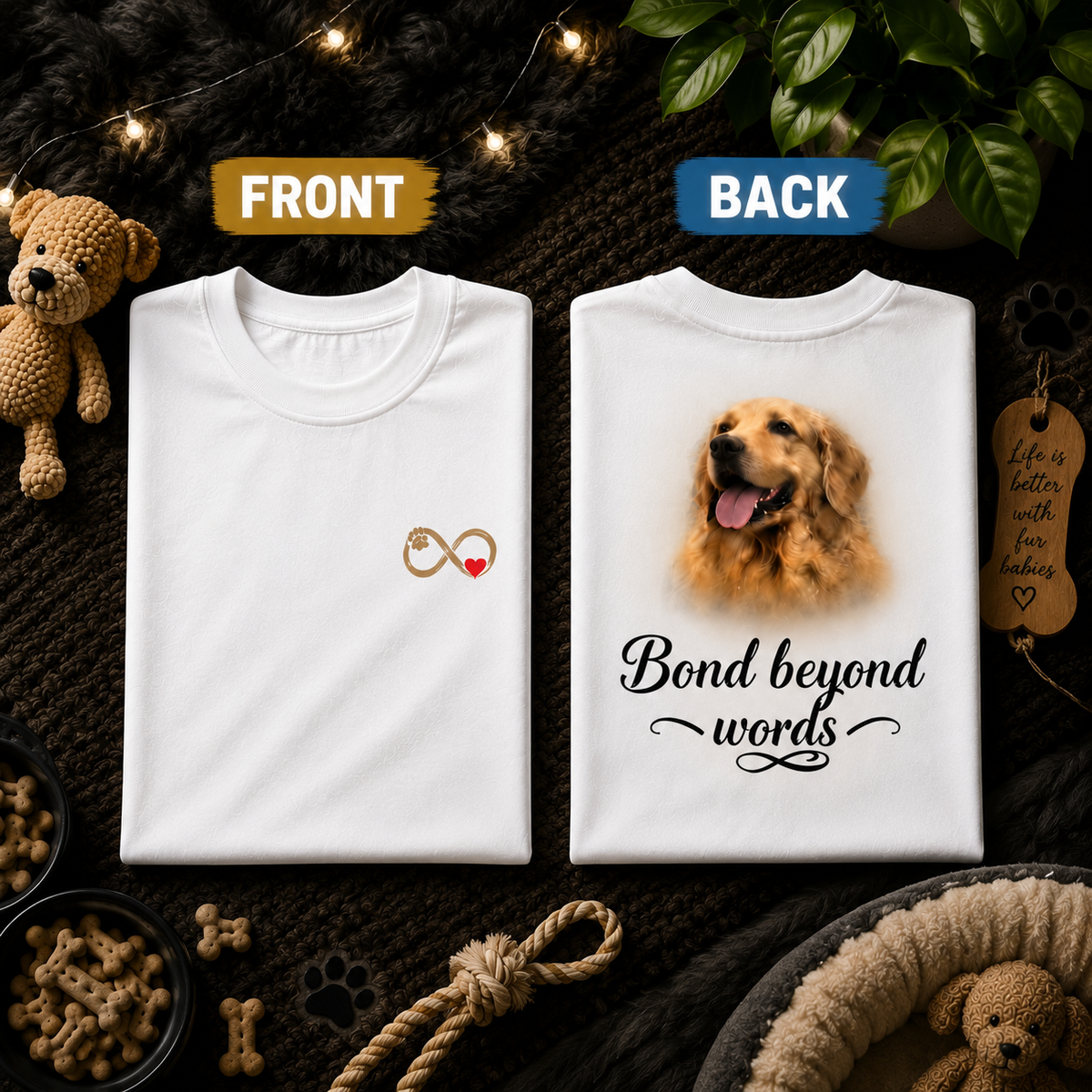 Bond Beyond Words oversized pet parent t-shirt in white, folded to show the BOND BEYOND WORDS print