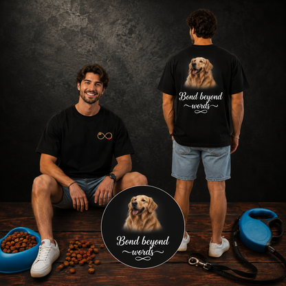 Man wearing the Bond Beyond Words oversized pet parent t-shirt, front print visible | Unikorn Tribes