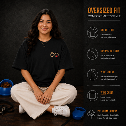 Fabric and fit details for the Bond Beyond Words women's oversized pet parent t-shirt, 240 GSM cotton