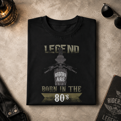 Legend Riders Are Born in the 80s biker t-shirt in black, folded to show the front print