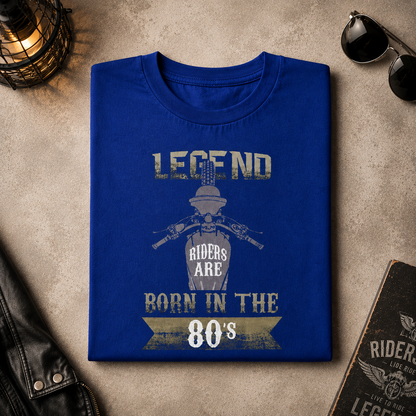 Legend Riders Are Born in the 80s biker t-shirt in blue, folded to show the birth-year rider print