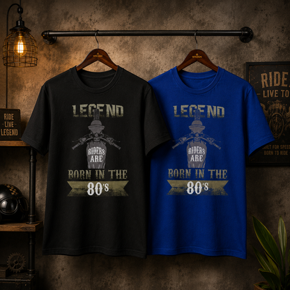 Legend Riders Are Born in the 80s biker t-shirt in black and blue displayed together on hangers