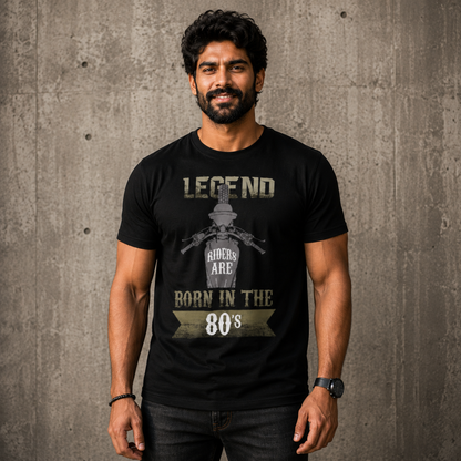 Rider wearing the Legend Riders Are Born in the 80s biker t-shirt in black, front print reading LEGEND RIDERS ARE BORN IN THE 80S