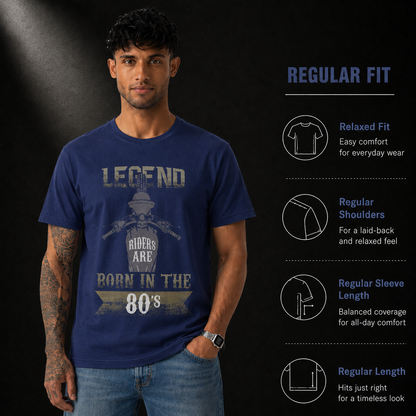 Fabric and fit details for the Legend Riders Are Born in the 80s biker t-shirt in blue, 180 GSM cotton