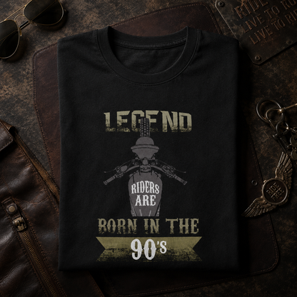 Legend Riders Are Born in the 90s biker t-shirt in black, folded to show the birth-year typography print