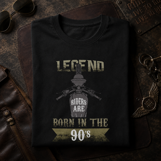 Legend Riders Are Born in the 90s biker t-shirt in black, folded to show the birth-year typography print