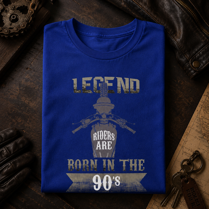 Legend Riders Are Born in the 90s biker t-shirt in blue, folded to show the front print