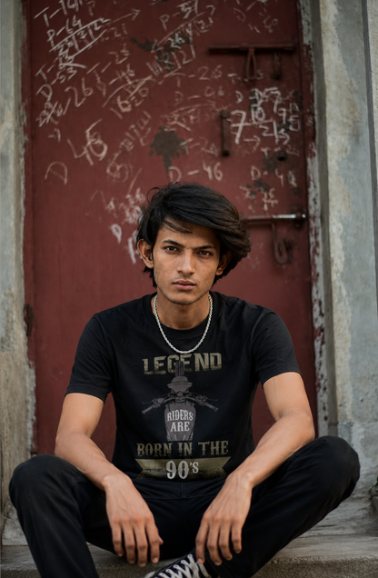 Legend Riders Are Born in the 90s biker t-shirt in black worn by a rider, 180 GSM regular unisex fit