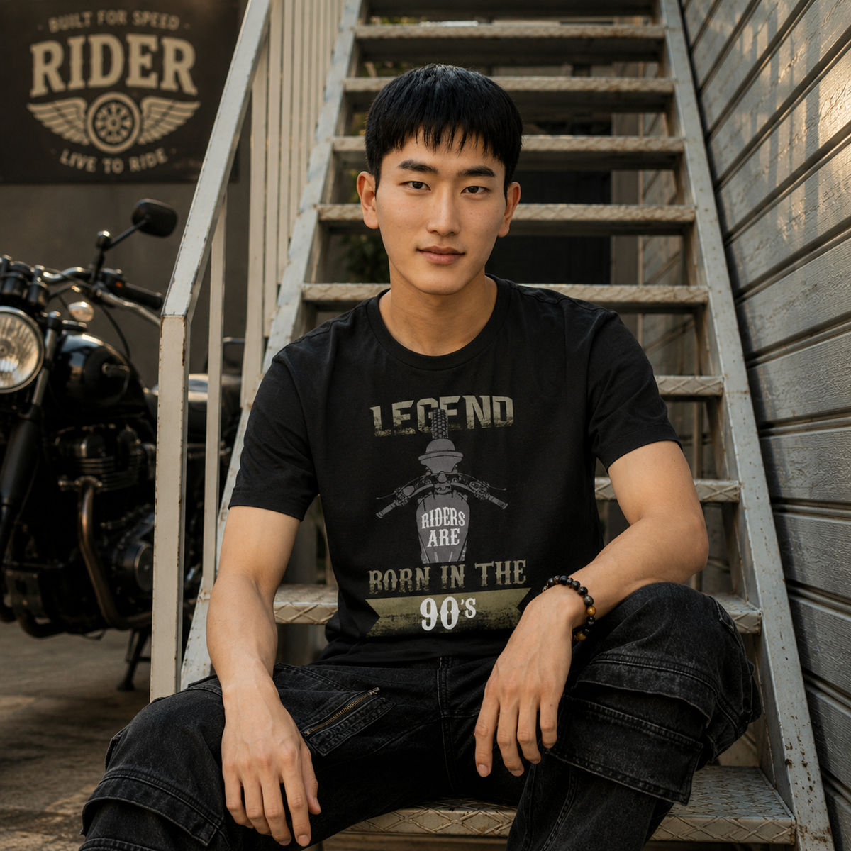 Rider wearing the Legend Riders Are Born in the 90s biker t-shirt in black, birth-year rider print