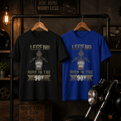 Legend Riders Are Born in the 90s biker t-shirt in black and blue displayed together on hangers