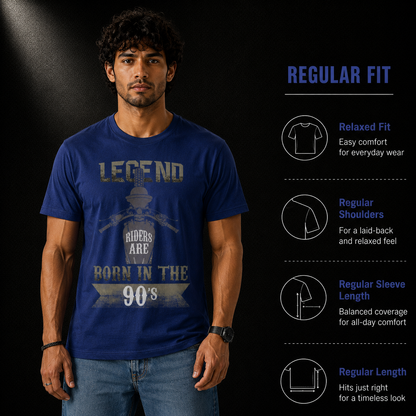 Fabric and fit details for the Legend Riders Are Born in the 90s biker t-shirt in blue, 180 GSM cotton
