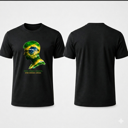 Brazil Five Stars Above football fan t-shirt in black, front and back views