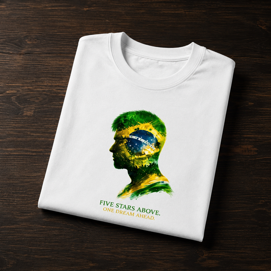 Brazil Five Stars Above football fan t-shirt in white, folded to show the five-star print