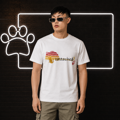 Man wearing the Catattached cat lover t-shirt in white, front print reading CATATTACHED
