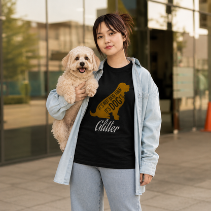 Woman wearing the It's My Pet's Glitter women's dog lover t-shirt in black, front print