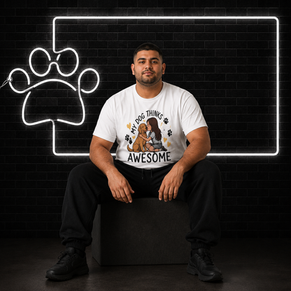My Dog Thinks I Am Awesome dog lover t-shirt in white worn by a man, 180 GSM cotton unisex fit